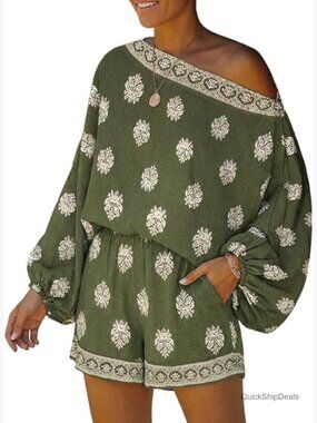 2 Piece Boho Outfit Lantern Sleeve Linen Top and Shorts Set Beach Vacation